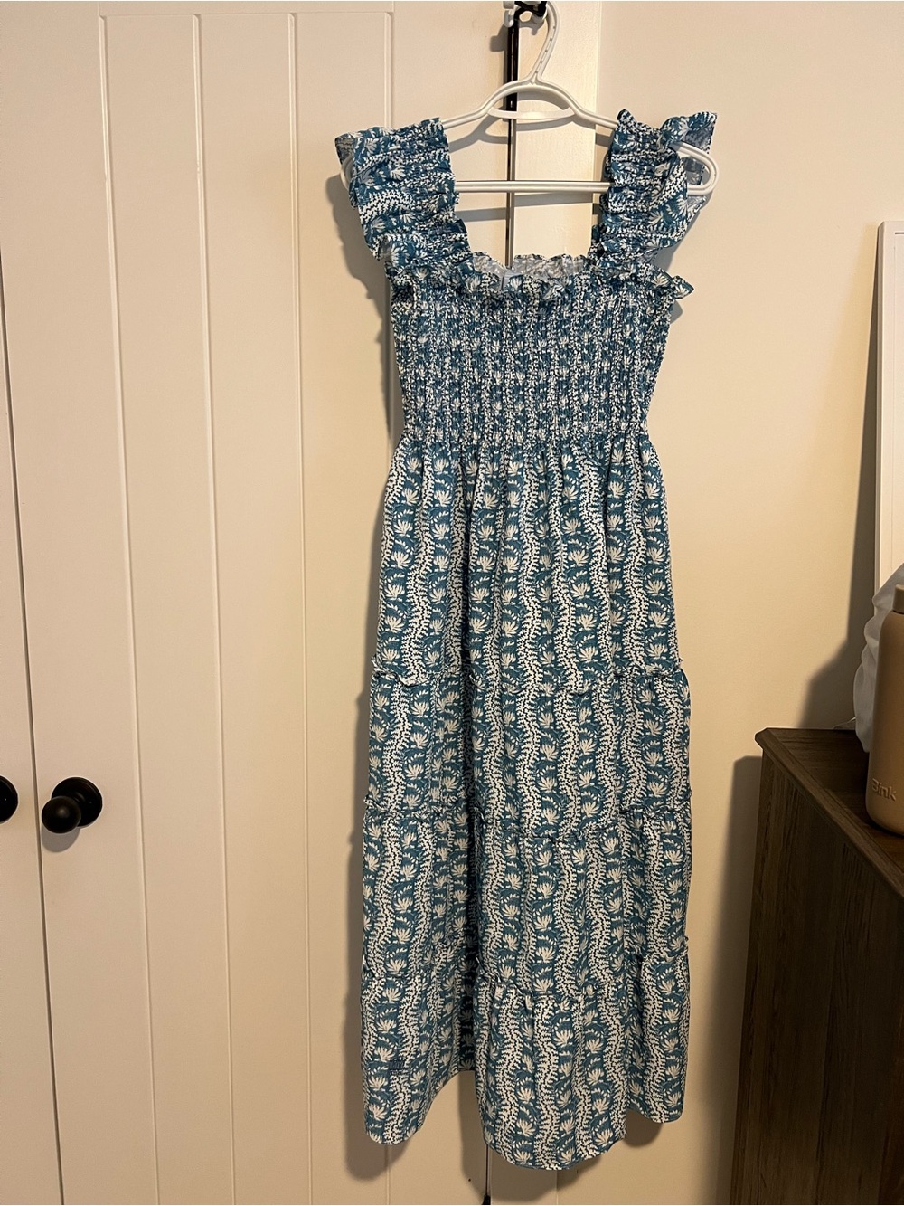 Hill House blue and White Smocked Midi Nap Dress with Ruffle Straps